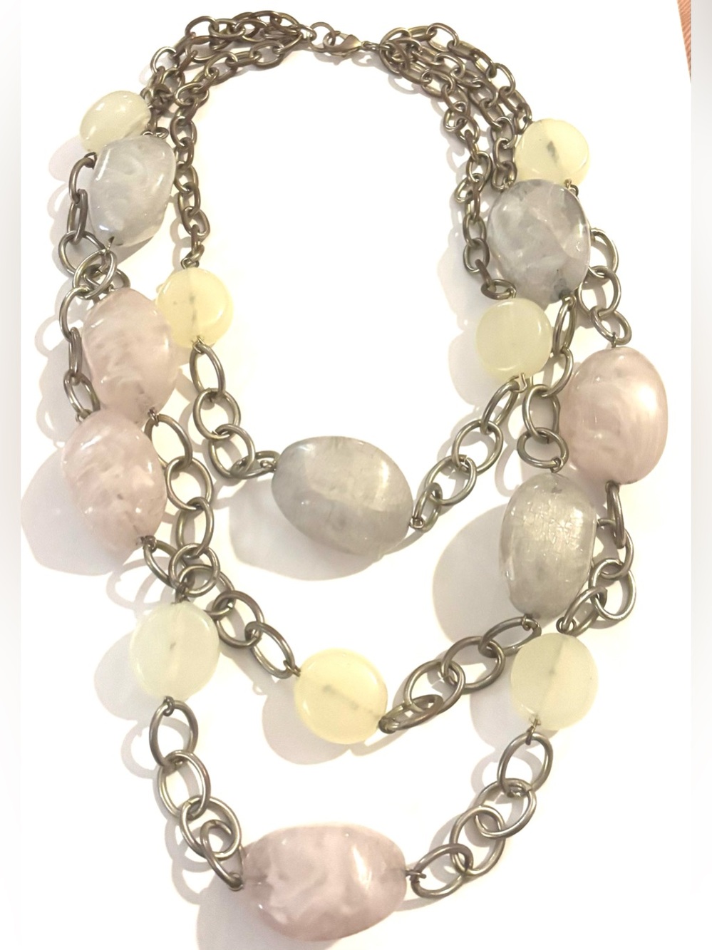 Elegant Multi-Strand plastic Bead Necklace in Pale silver & Cream